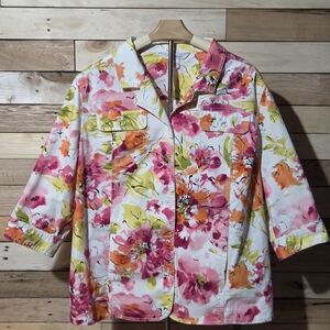 Tanjay Floral Jacket  Heavy Stretch Cotton Twill 3/4 Sleeve Shacket Sz 18W